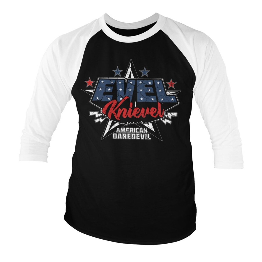 Mann Shirtstore | Evel Knievel - American Daredevil Baseball 3/4 Sleeve Tee Whiteblack