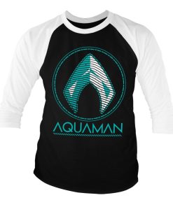 Mann Shirtstore | Aquaman - Distressed Shield Baseball 3/4 Sleeve Tee White-Black