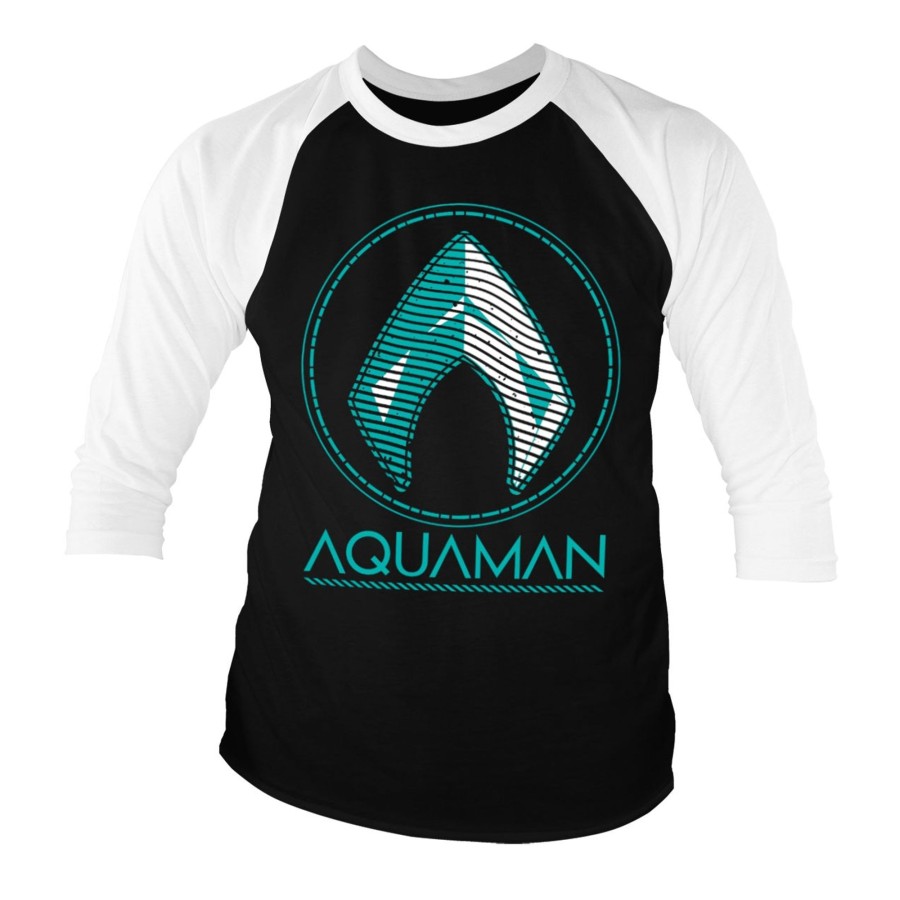Mann Shirtstore | Aquaman - Distressed Shield Baseball 3/4 Sleeve Tee White-Black