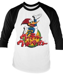 Mann Shirtstore | Woody Woodpecker Washed Japanese Logo Baseball Long Sleeve Tee White-Black