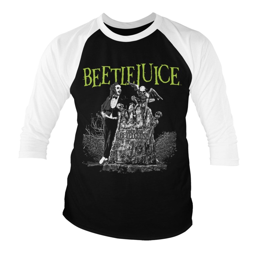 Mann Shirtstore | Beetlejuice Headstone Baseball 3/4 Sleeve Tee White-Black