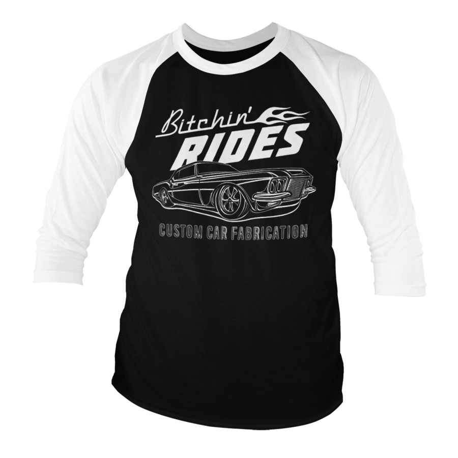 Mann Shirtstore | Bitchin' Rides Custom Car Fabrication Baseball 3/4 Sleeve Tee White-Black