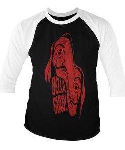 Mann Shirtstore | La Casa De Papel Warped Mask Baseball 3/4 Sleeve Tee Whiteblack