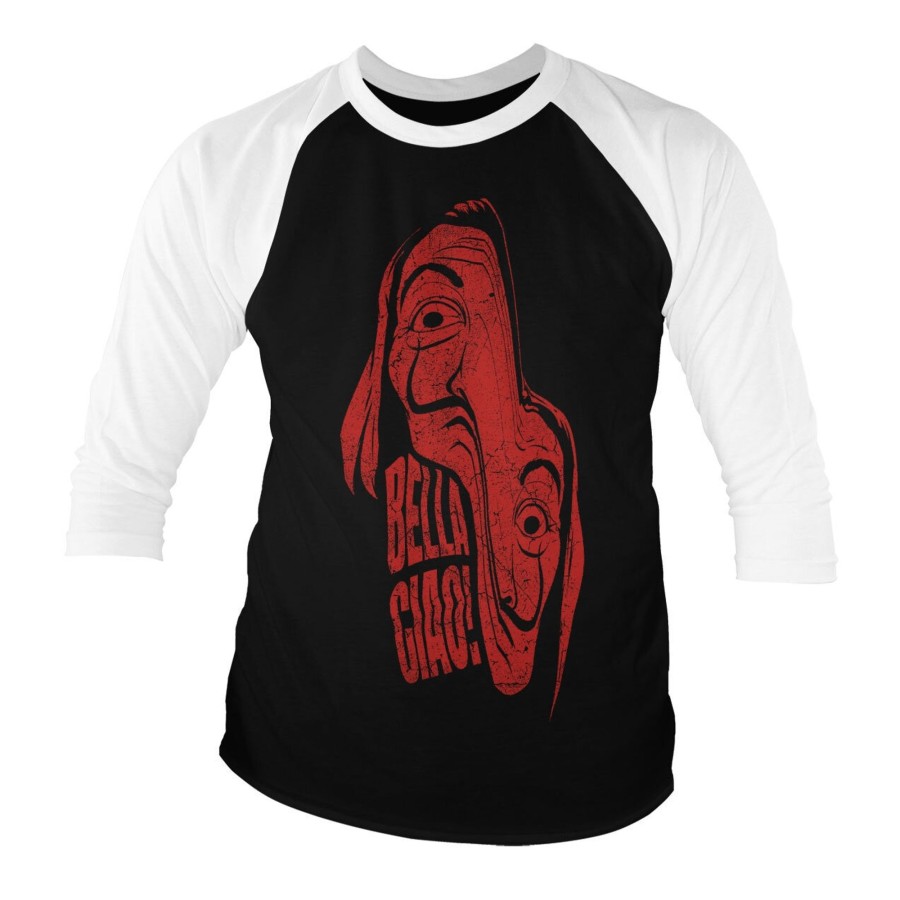 Mann Shirtstore | La Casa De Papel Warped Mask Baseball 3/4 Sleeve Tee Whiteblack