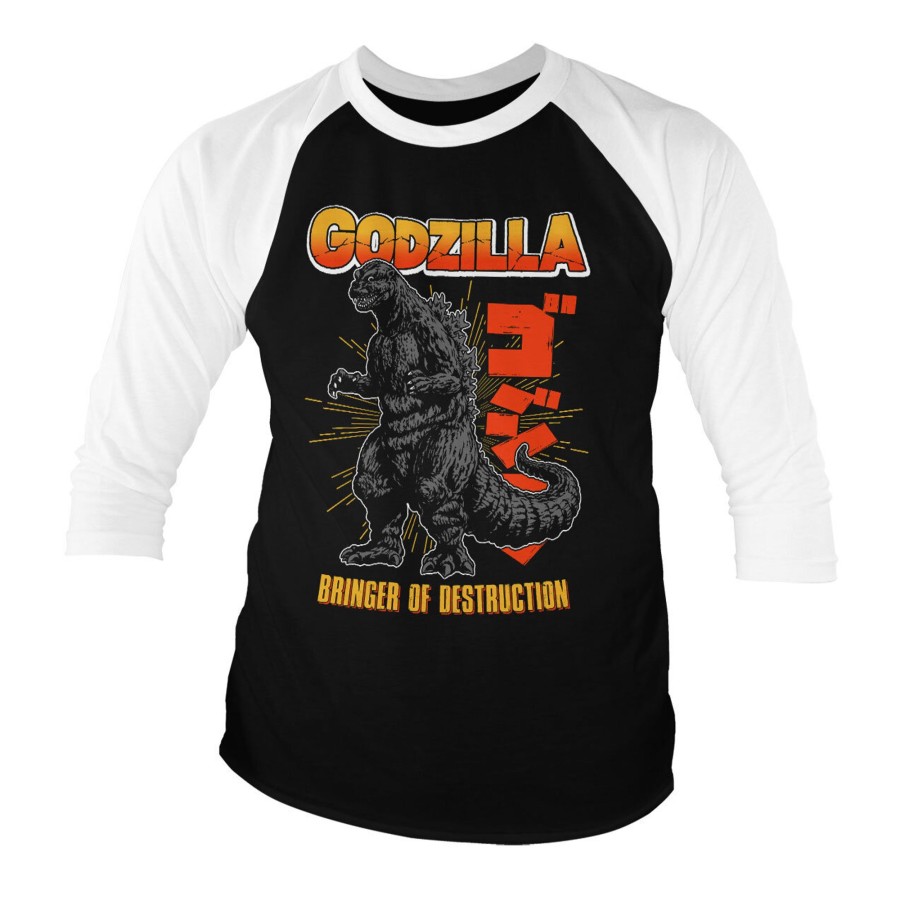 Mann Shirtstore | Godzilla - Bringer Of Destruction Baseball 3/4 Sleeve Tee Whiteblack