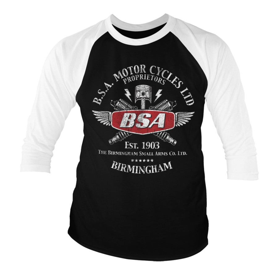 Mann Shirtstore | B.S.A. Motor Cycles Sparks Baseball 3/4 Sleeve Tee White-Black