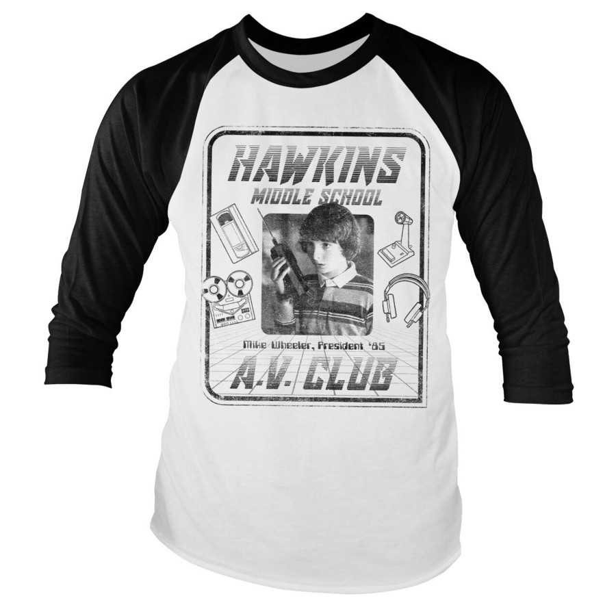 Mann Shirtstore | Hawkins A.V. Club Baseball Long Sleeve Tee Whiteblack