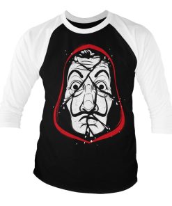 Mann Shirtstore | La Casa De Papel Cracked Mask Baseball 3/4 Sleeve Tee Whiteblack