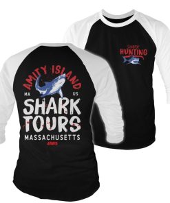 Mann Shirtstore | Amity Island Shark Tours Baseball 3/4 Sleeve Tee White-Black