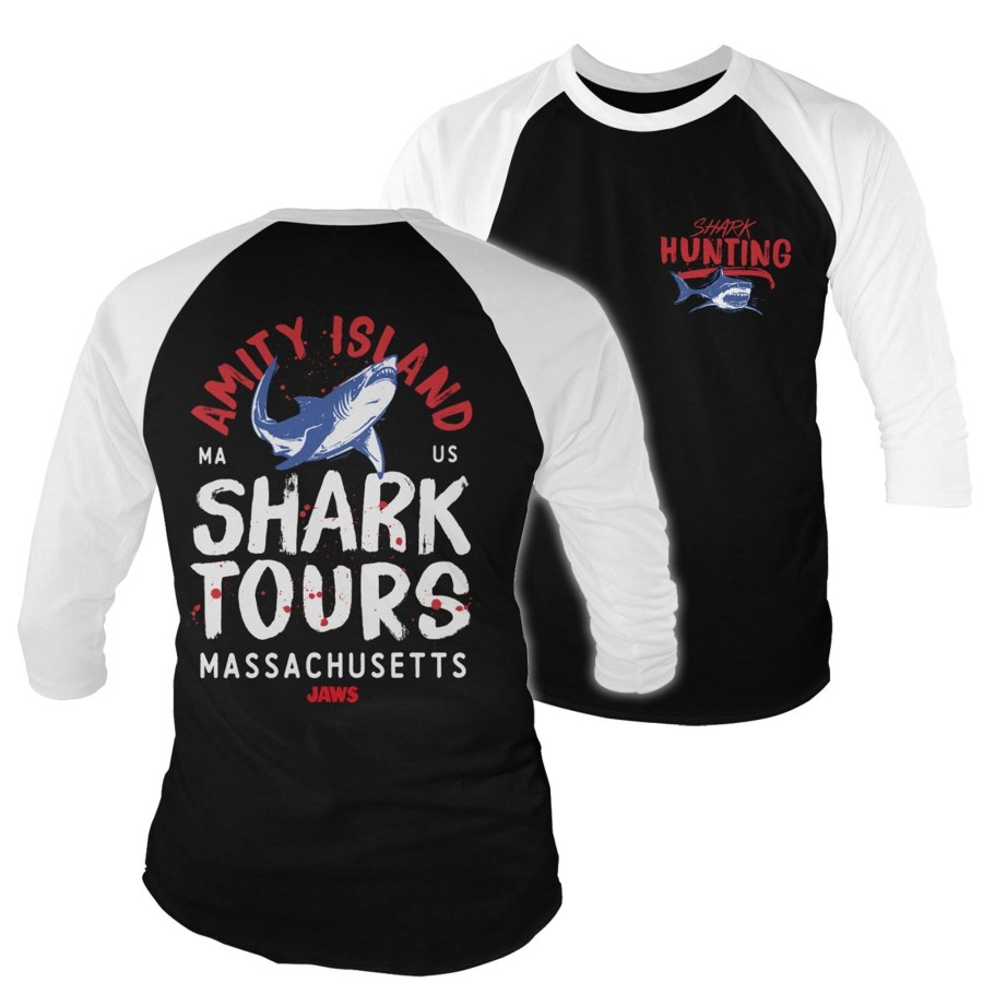 Mann Shirtstore | Amity Island Shark Tours Baseball 3/4 Sleeve Tee White-Black