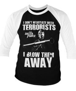 Mann Shirtstore | Chuck Norris - I Blow Terrorists Away Baseball 3/4 Sleeve Tee White-Black