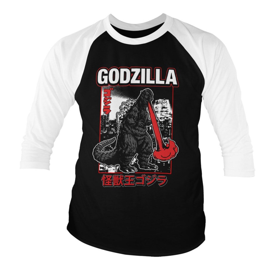 Mann Shirtstore | Godzilla - Atomic Breath Baseball 3/4 Sleeve Tee Whiteblack