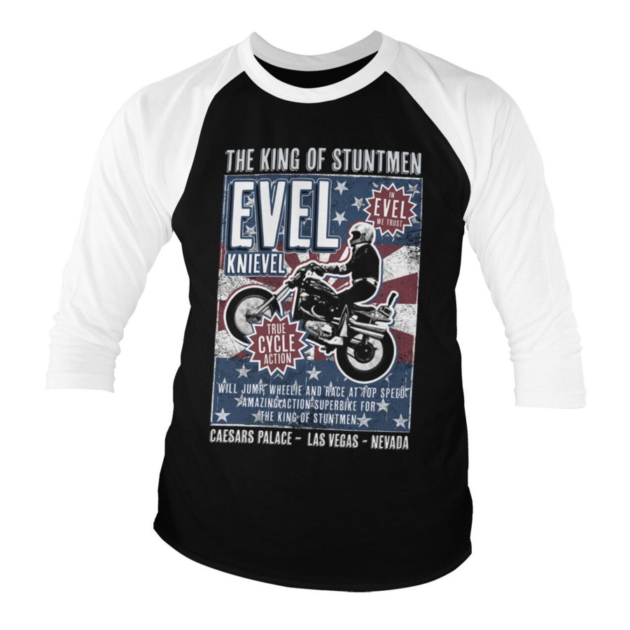 Mann Shirtstore | Evel Knievel Poster Baseball 3/4 Sleeve Tee Whiteblack