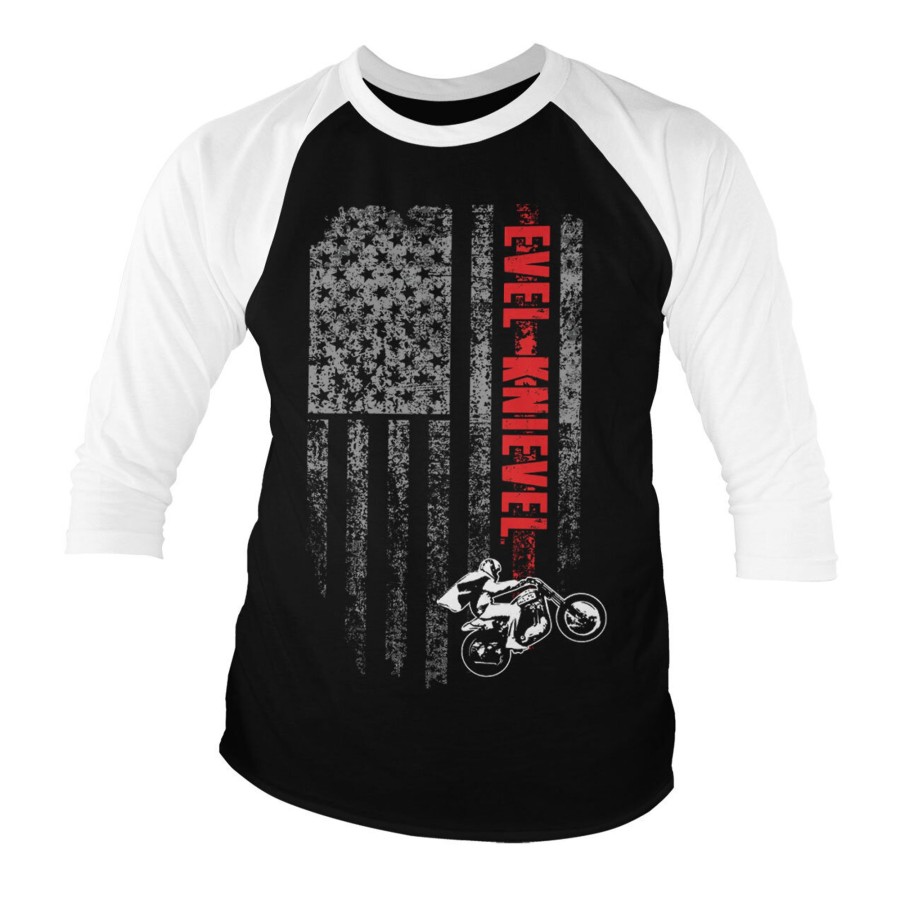 Mann Shirtstore | Evel Knievel Flag Baseball 3/4 Sleeve Tee Whiteblack