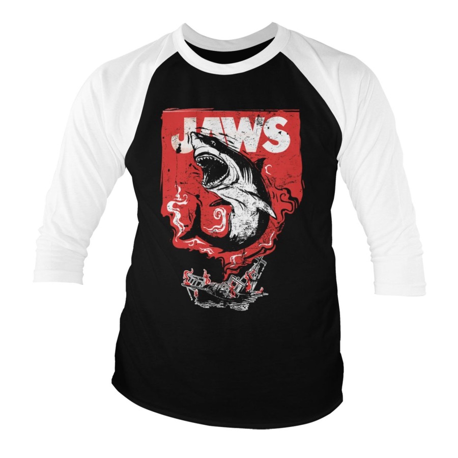 Mann Shirtstore | Jaws - Shark Smoke Baseball 3/4 Sleeve Tee White-Black
