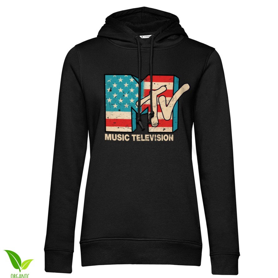 Kvinna Shirtstore | Mtv Distressed Usa-Flag Girls Hoodie Black